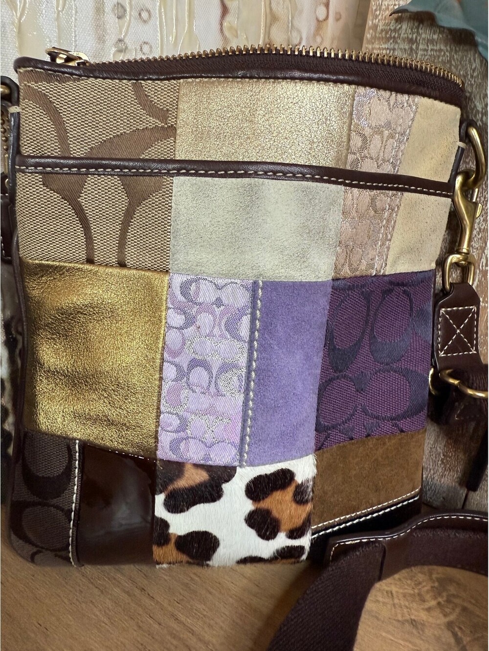 Coach Patchwork Crossbody Bag Signature Suede Leopard Metallic - Picture 4 of 10